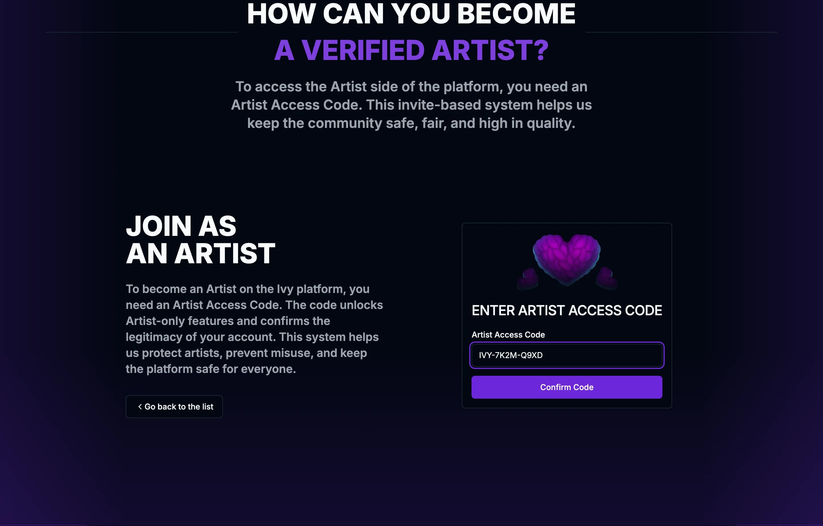 The Artist Access Code card with a code entered, ready to confirm