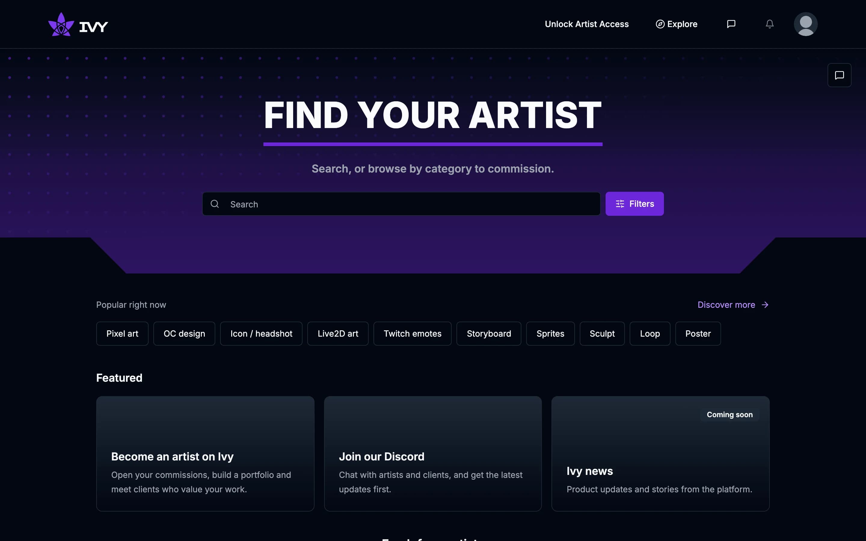 The Unlock Artist Access link in the top bar opens the artist access page