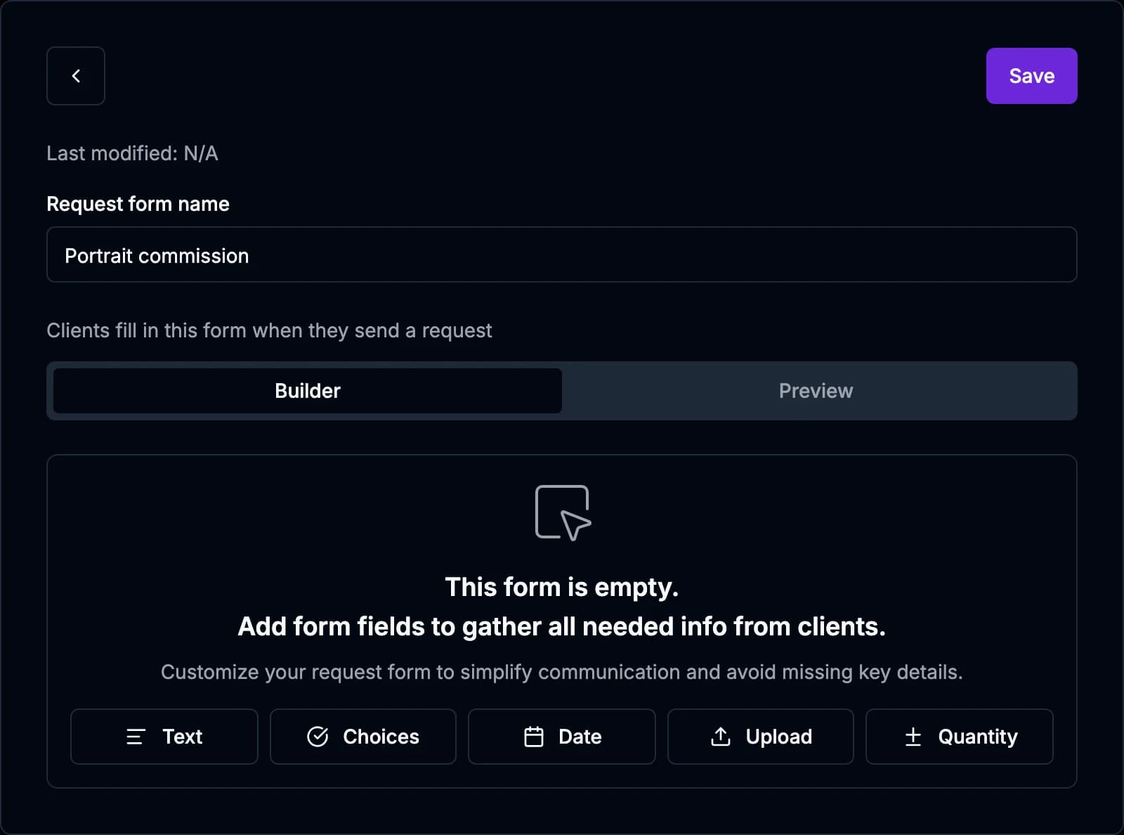 A new form offers five block types: Text, Choices, Date, Upload and Quantity