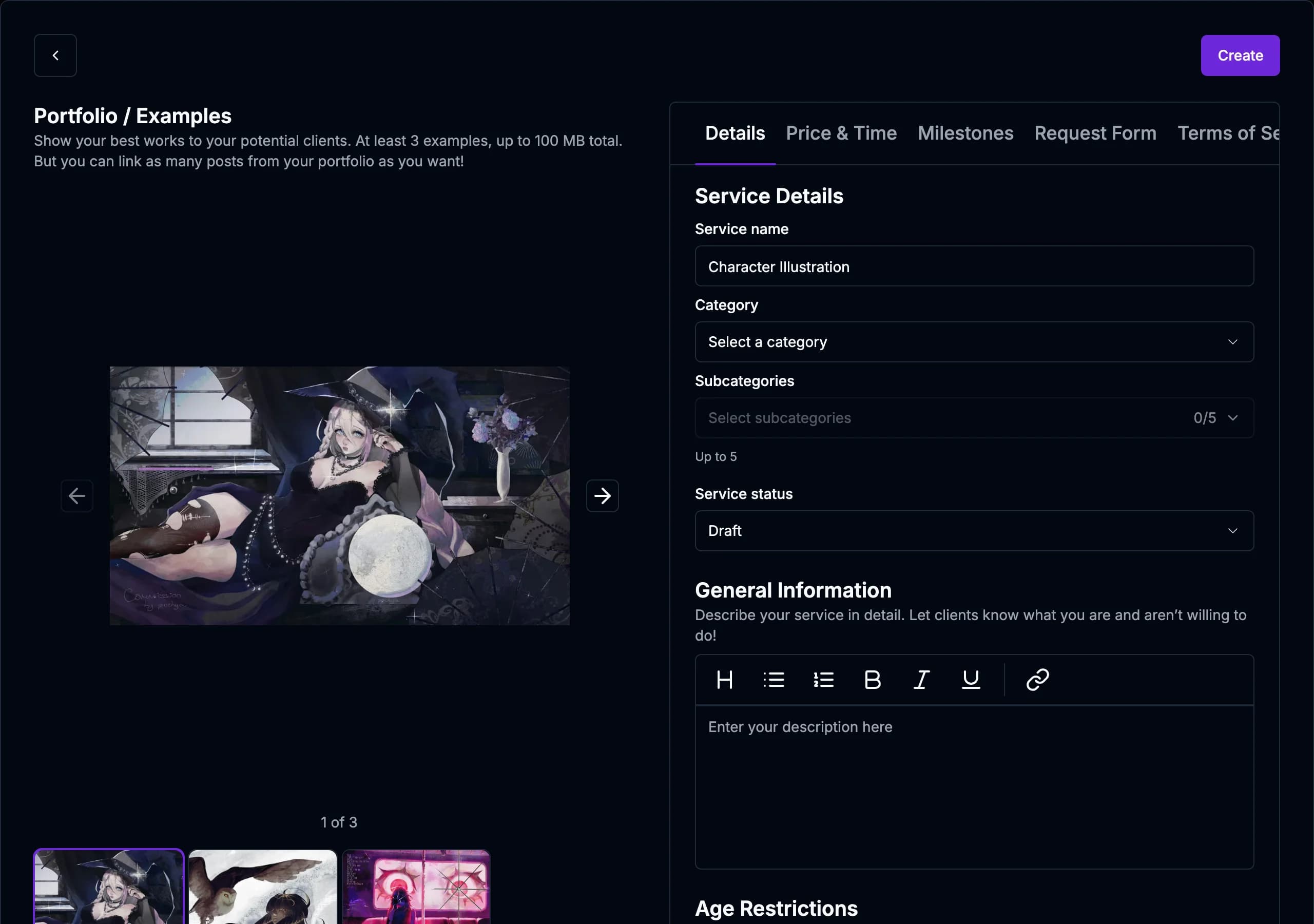 A new service: examples on the left, service details on the right