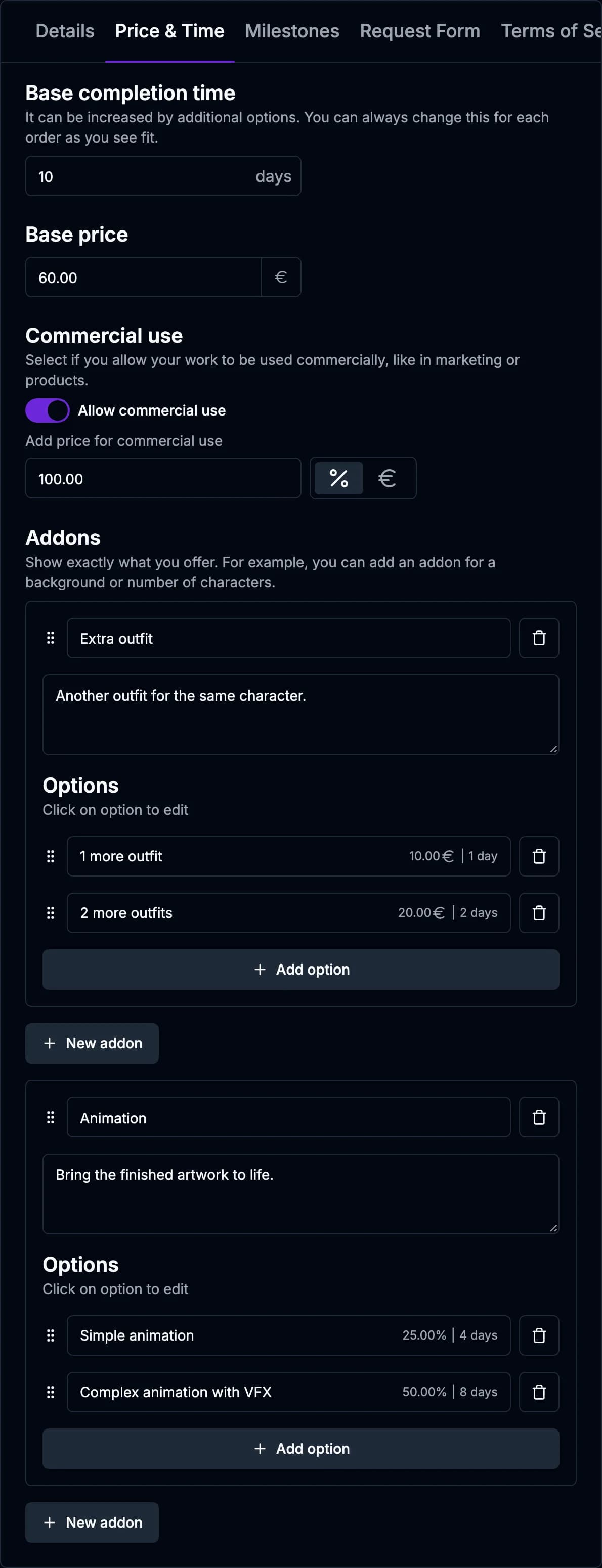 The Price & Time tab with base time, base price, commercial use and two addons
