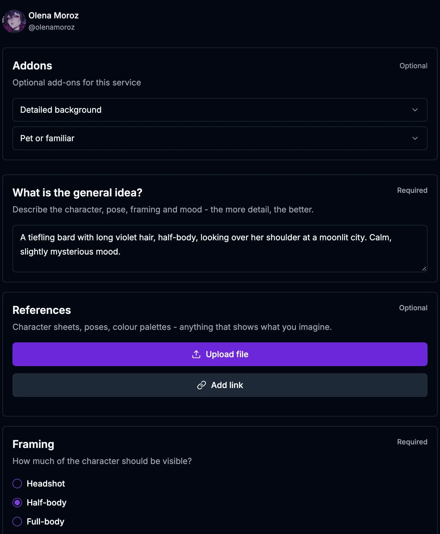 An artist's request form being filled in: addons, the general idea, references and framing questions.