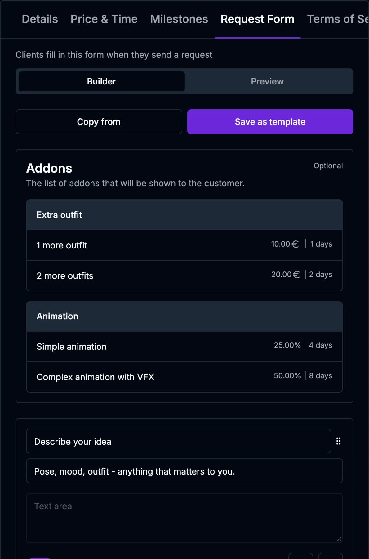 The Request Form tab with a form copied from a template; the service's addons are listed first