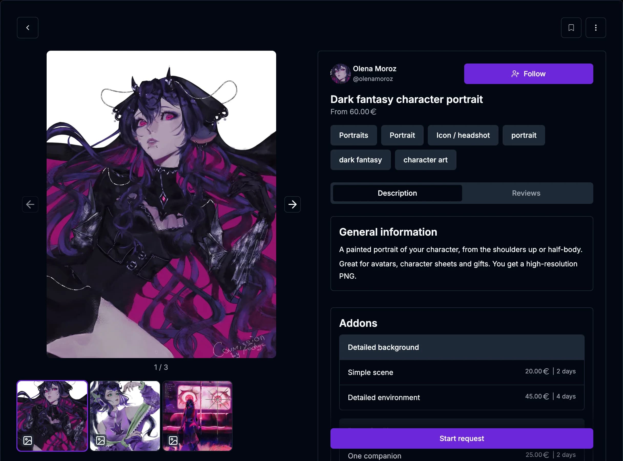 A service page with the artist's work examples, description and addons, and the Start request button at the bottom.