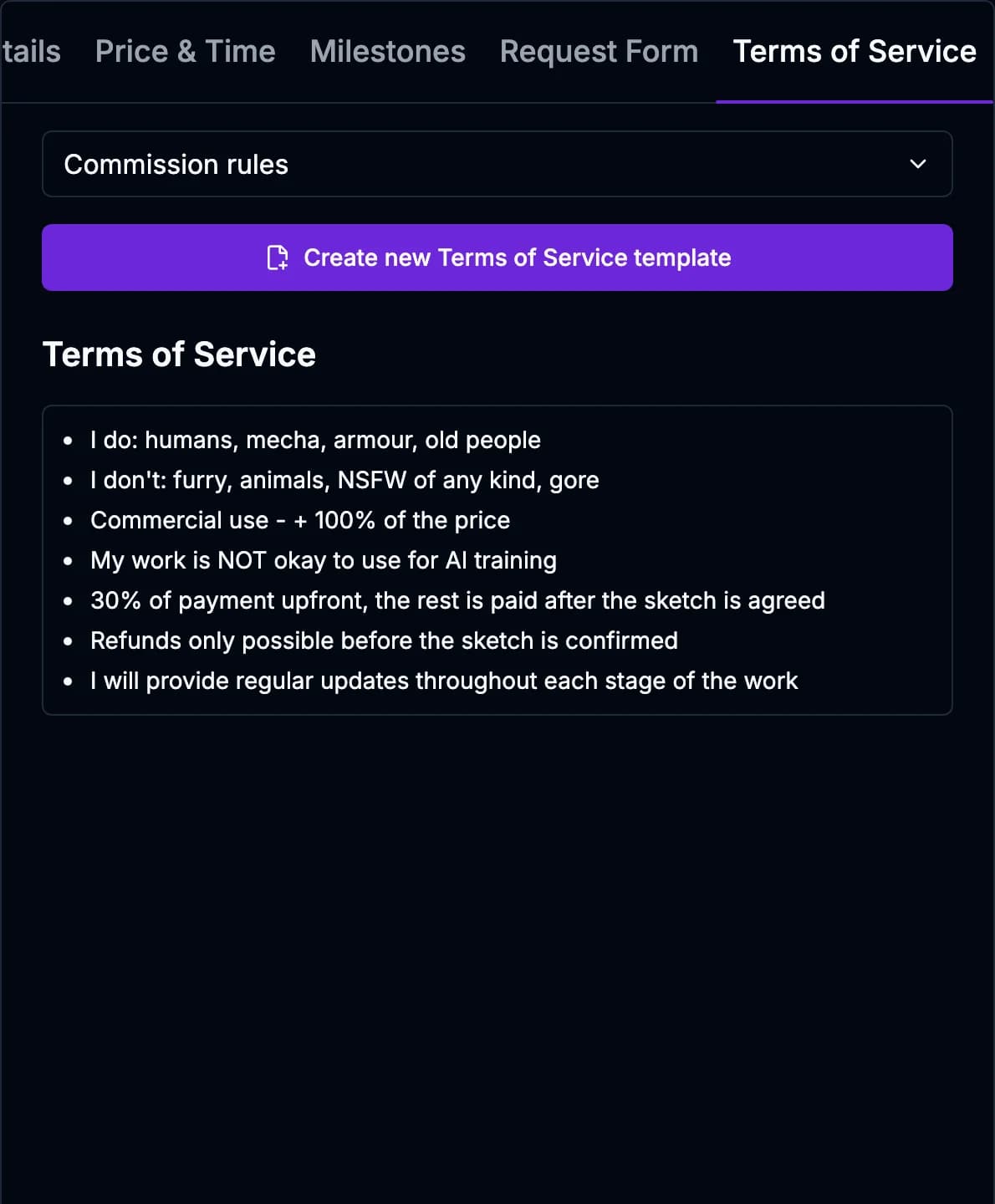 The Terms of Service tab with a template picked from the list