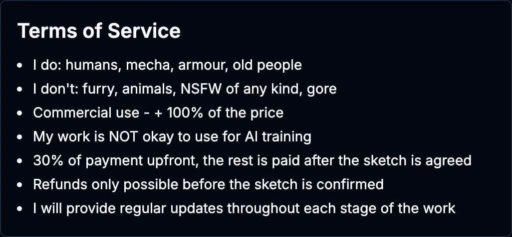 The same terms as a client sees them on the service before sending a request