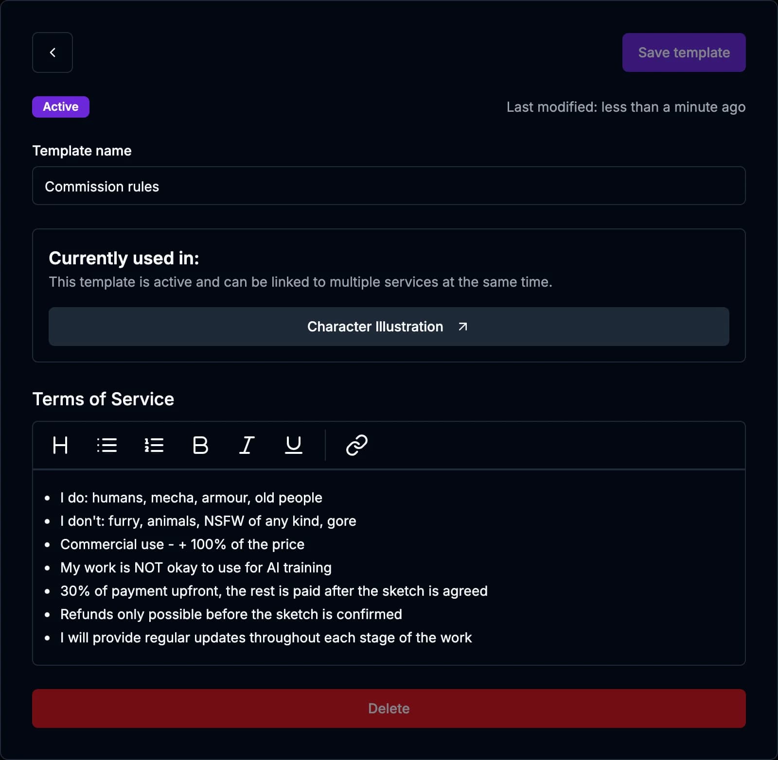 The example policy saved as a Terms of Service template, used by one service