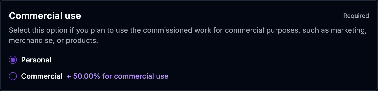 The Commercial use choice in a request form: Personal, or Commercial for an extra 50%.