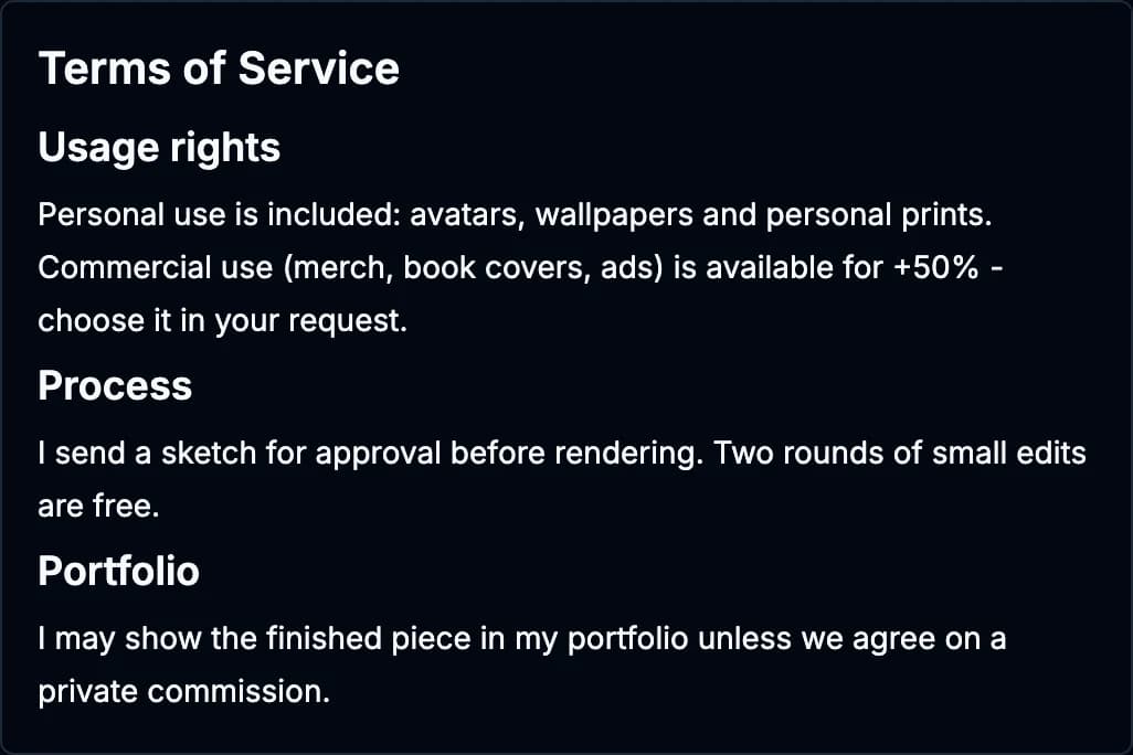 An artist's Terms of Service on their service page, starting with a Usage rights section.